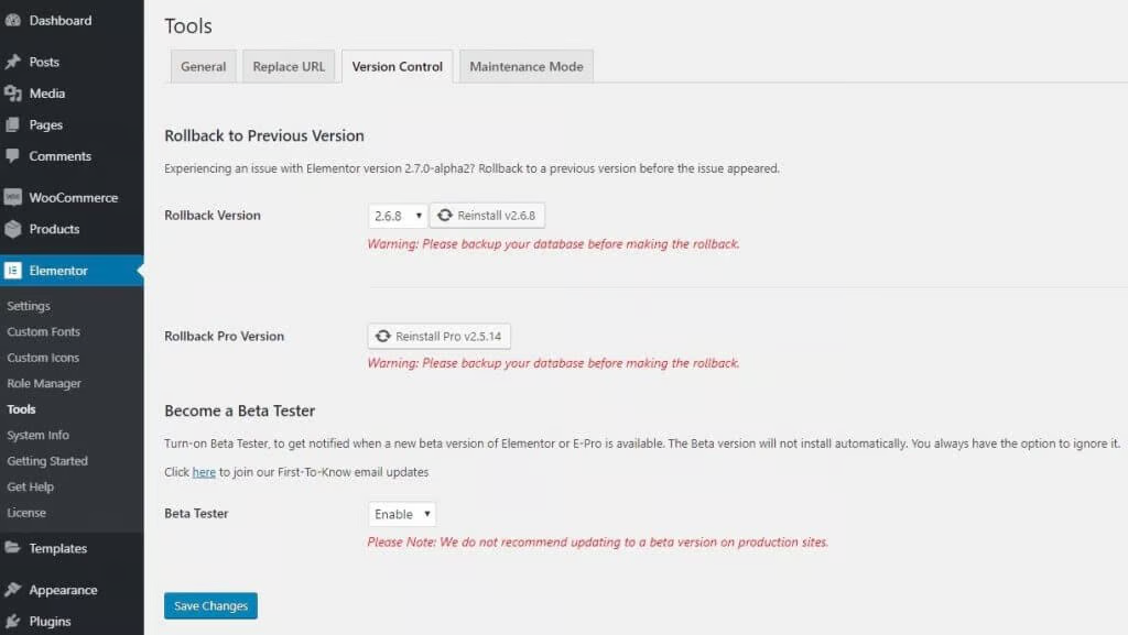 Como reverter para uma versão anterior o Elementor free ou PRO 1 image 20